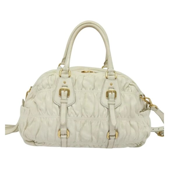 PRADA Hand Bag Leather 2way White Gold Auth gh676 - Picture 3 of 16